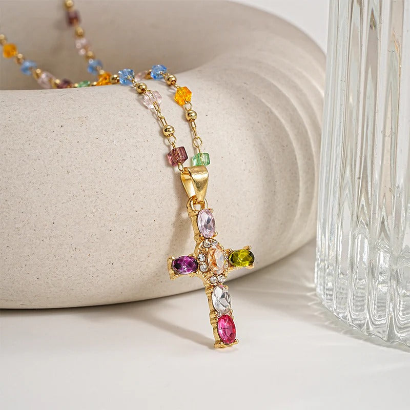 Collar Divinum® - Cruz de Gemas Multicolor