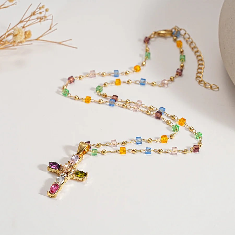 Collar Divinum® - Cruz de Gemas Multicolor