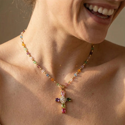 Collar Divinum® - Cruz de Gemas Multicolor