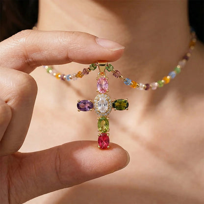 Collar Divinum® - Cruz de Gemas Multicolor