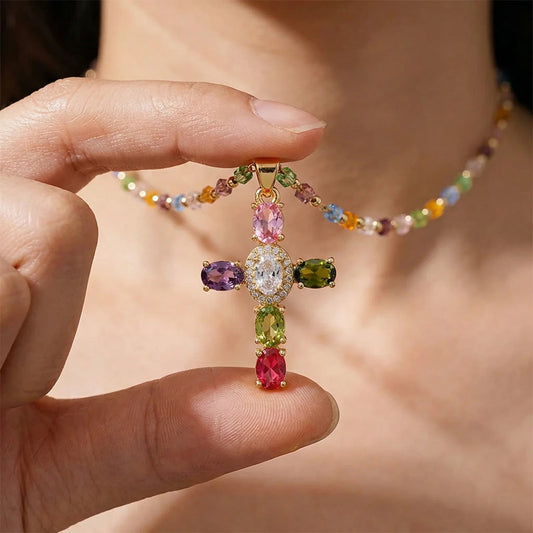 Collar Divinum® - Cruz de Gemas Multicolor